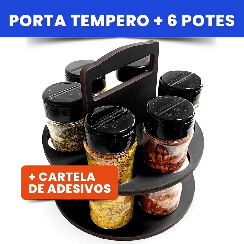 Porta Tempero Condimentos Redondo com Kit 6 Potinhos Cozinha Mesa + Etiquetas