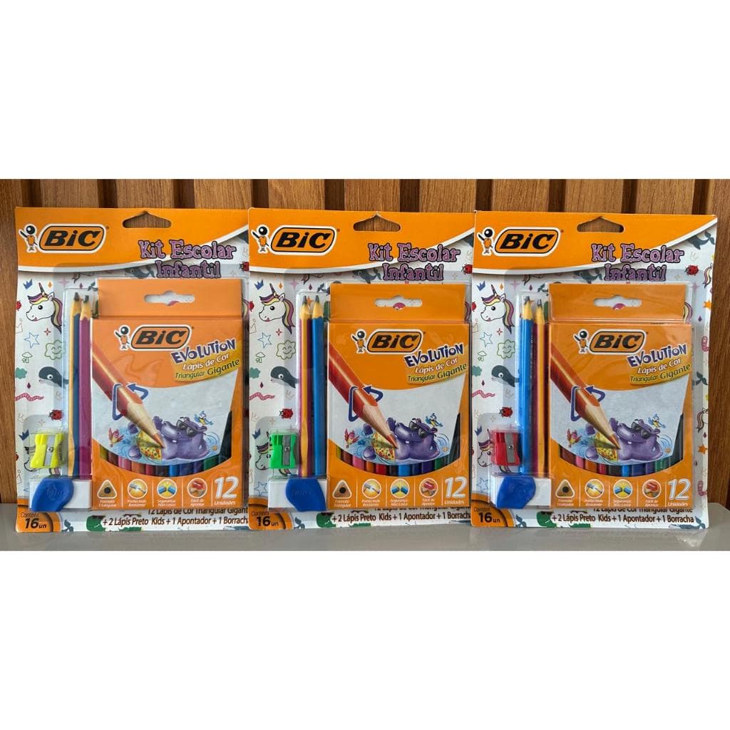 Kit Escolar Infantil BIC Evolution 16 Peças + 2 Lápis Preto + Apontador e Borracha