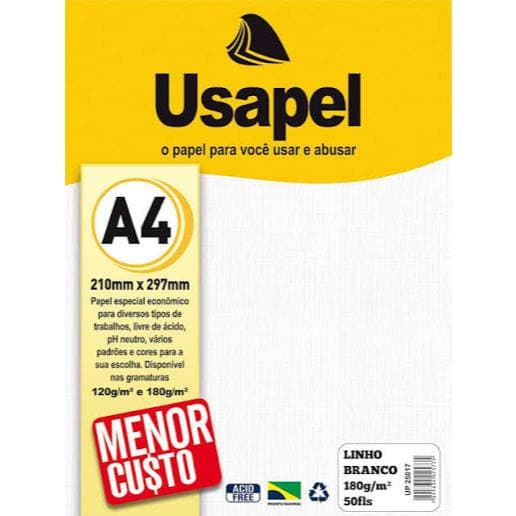 Papel A4 Linho Branco Usapel 180g Pacote com 10 Folhas para Convites e Certificados