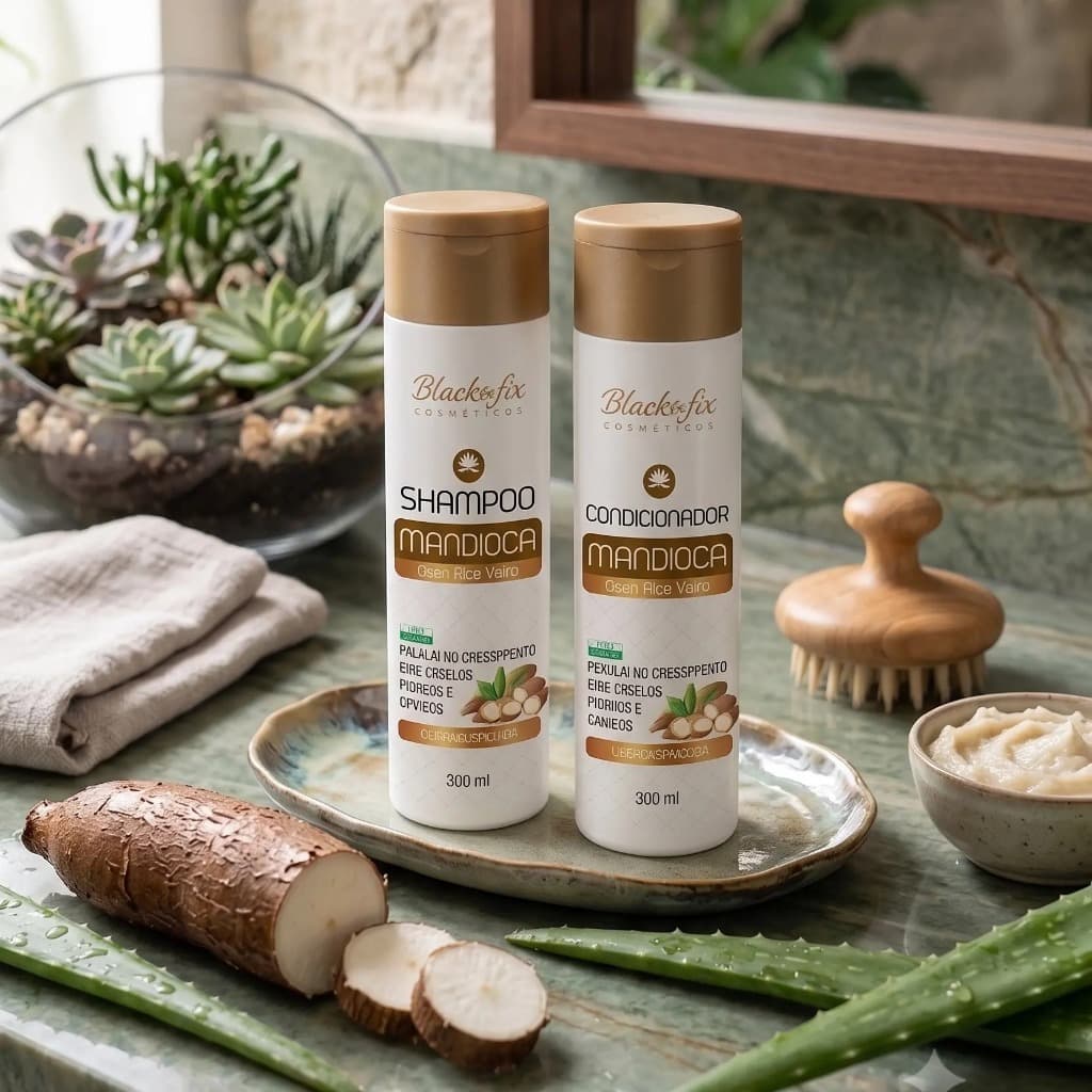 Kit Shampoo E Condicionador Mandioca Aloe Vera Black Fix Crescimento Capilar Fortalecimento Antiquebra Vegano 300ml