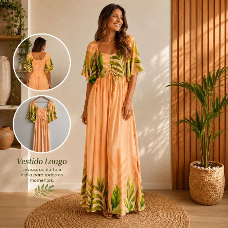 Vestido Longo Feminino Floral Viscose e Linho Pré-Lavado Moda Evangélica Tamanho Único