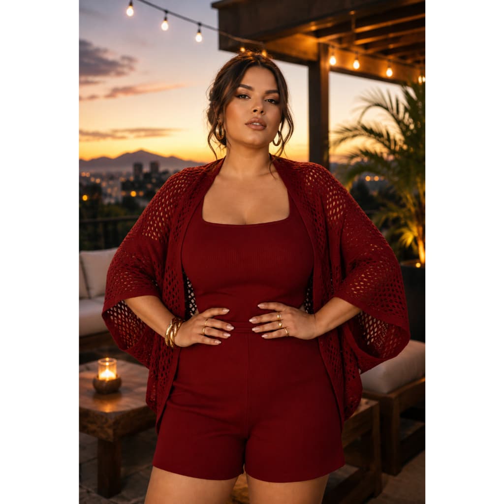 Conjunto Casaco Casulo Rendado Com Regata Em Tricot Modal veste 38 ao 48