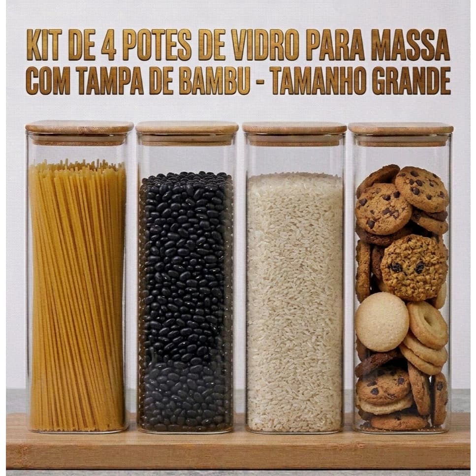 Pote Vidro Tampa Bambu 2 litros Hermético Quadrado Kit 4 Unidades