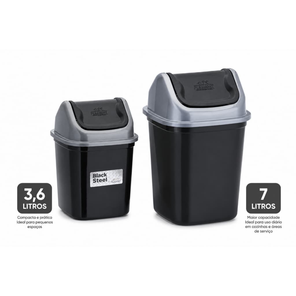 Kit 2 Lixeiras Basculantes Black Steel 3,6L + 7L Cozinha Banheiro Lavanderia