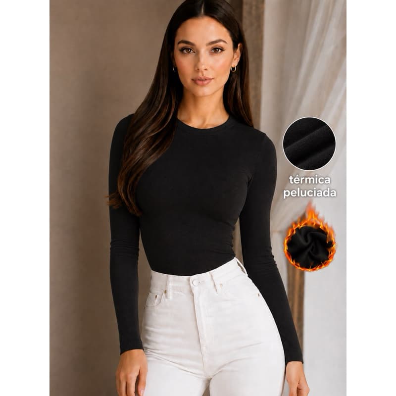 Blusa Térmica Peluciada Feminina Segunda Pele Felpada Gola Redonda Manga Longa Inverno Quentinha Conforto Flanelada