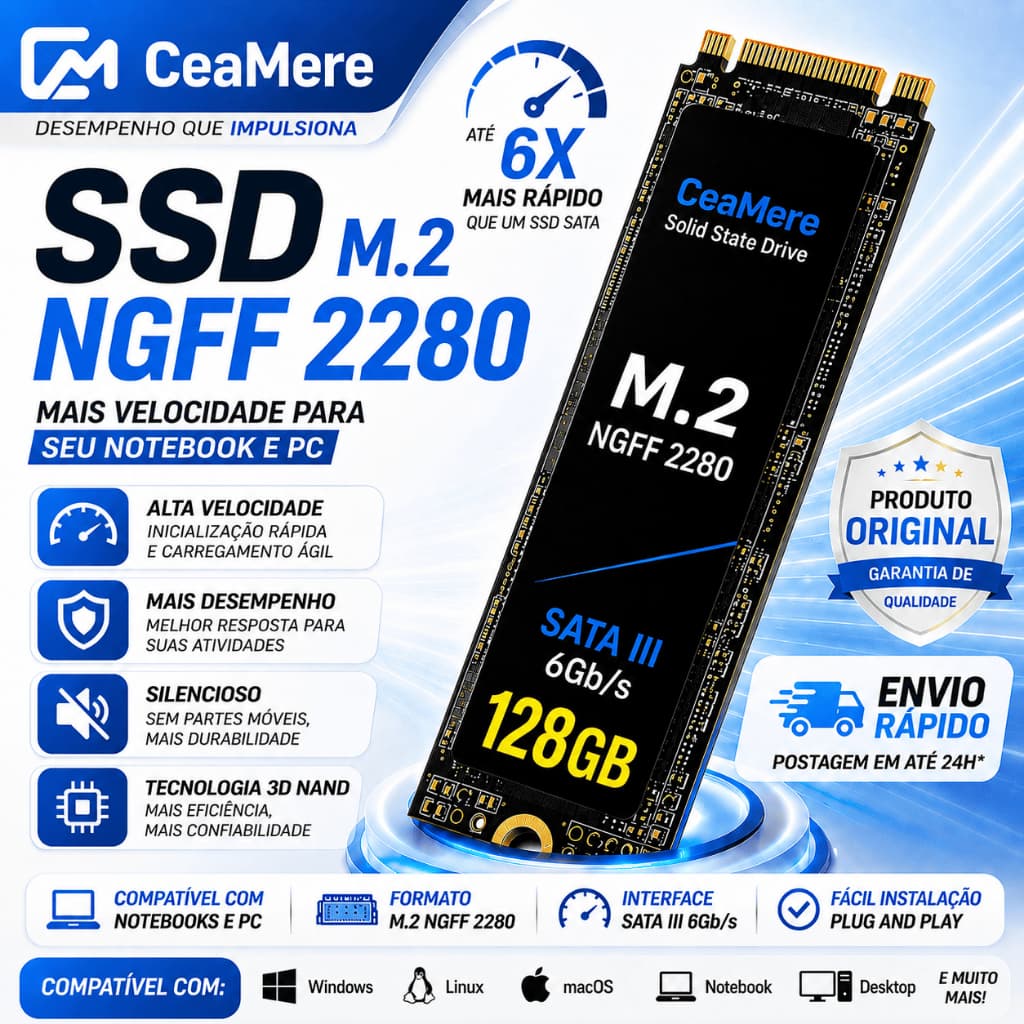 SSD M.2 NGFF 128GB SATA III 2280 Original Alta Velocidade Para Notebook e Desktop