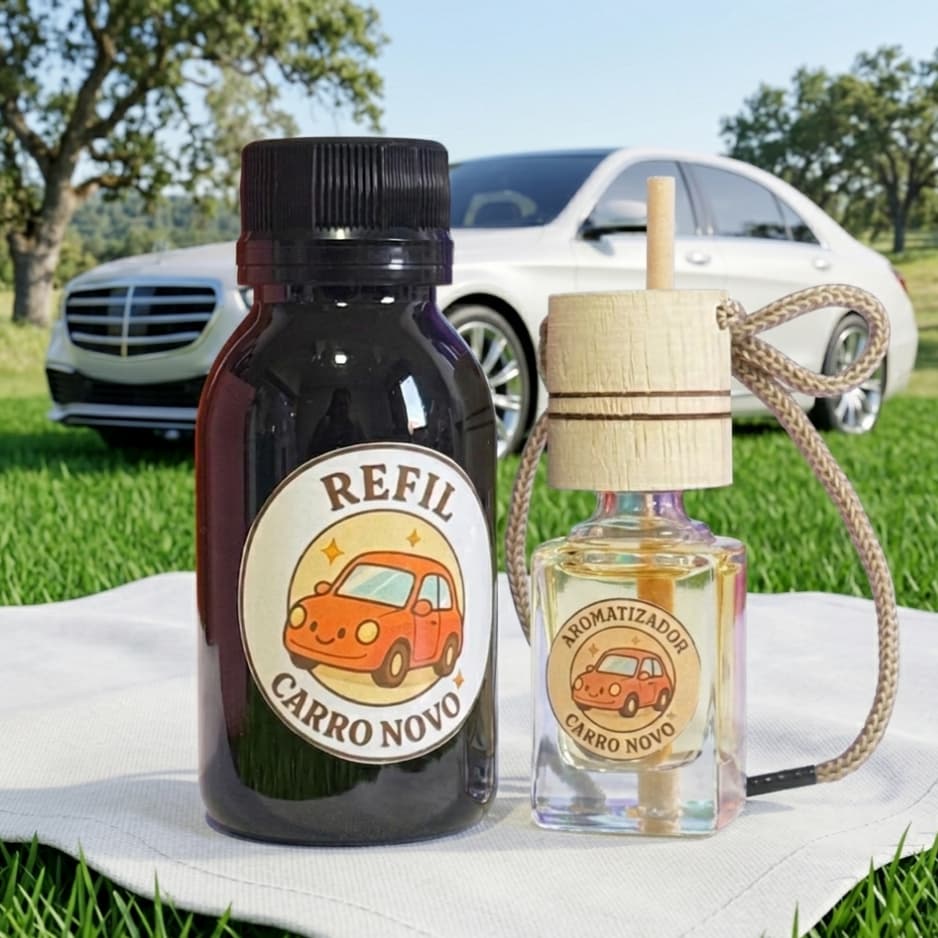 Kit Aromatizador para Carro: Frasco de 9ml + Refil de 60ml | Cheirinho para Carro Luxo - Fragrância Carro Novo