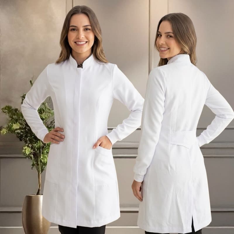 Jaleco Feminino Acinturado Manga Longa Bordado Personalizado Com Nome Brasão Lana