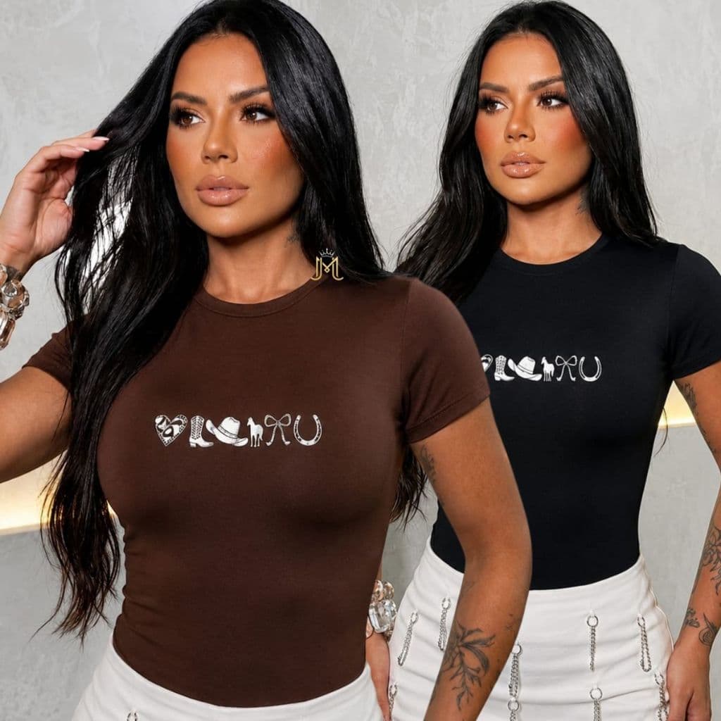 Body Feminino Manga Curta Suplex Confortável Modelador Estampa Country Moda Feminina P ao GG