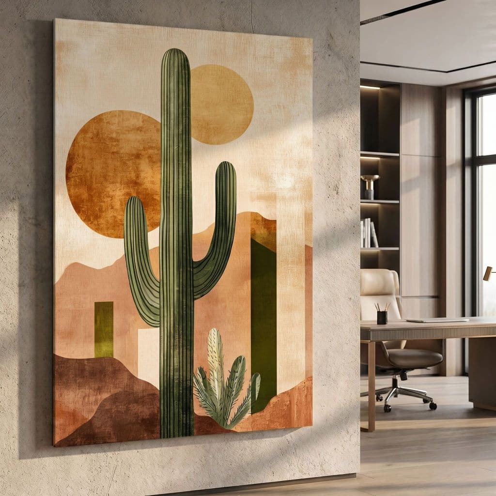 Quadro Decorativo Cacto Deserto Estilo Boho Abstrato Tons Terrosos para Sala Quarto Arte Minimalista