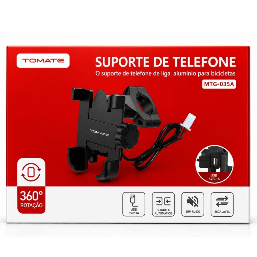Suporte Celular Moto Bike Universal Tomate MTG-035 Alumínio Giratório 360° para GPS e Smartphone
