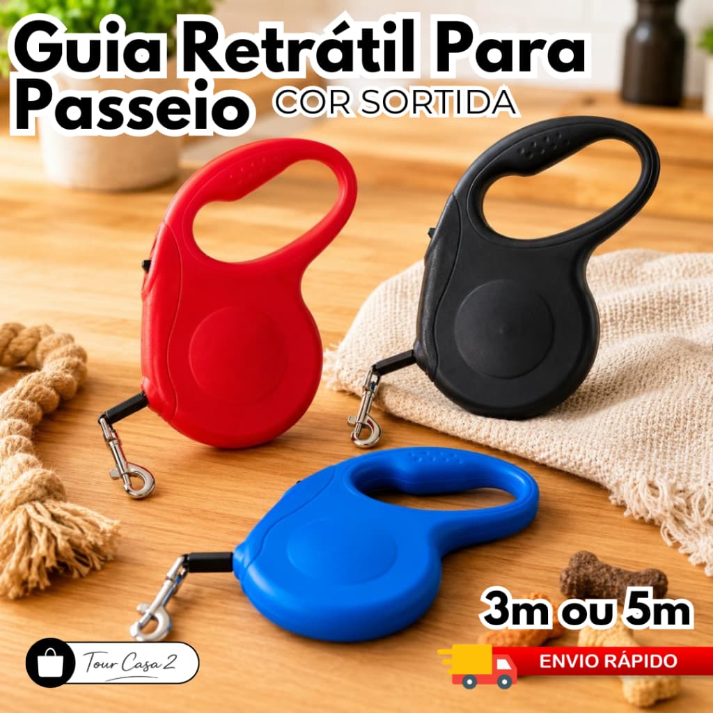 Guia Retrátil para Cachorro 3m 5m Coleira Passeio com Trava Segurança Cães Pequeno e Médio Pet Dog