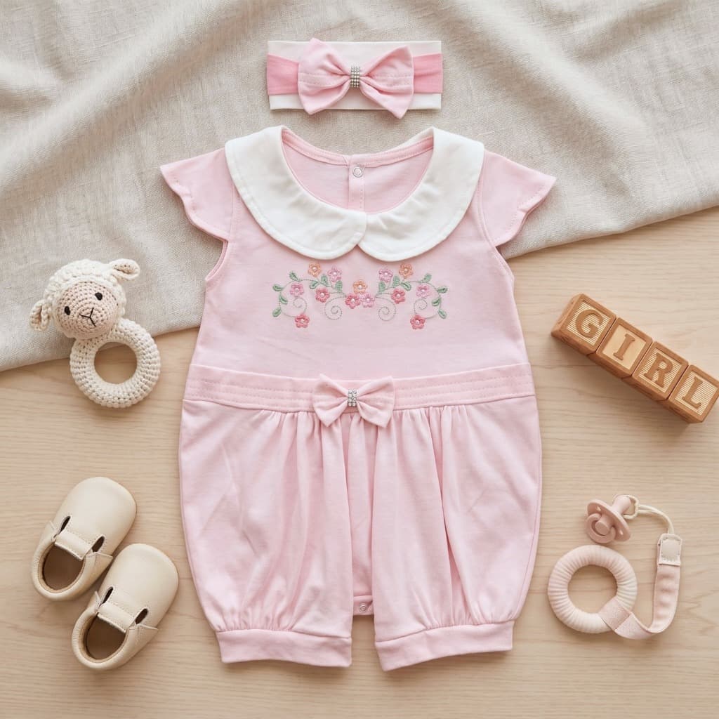 Macacão Gola Boneca Bebê Menina Rosa 100% Algodão Fresco Bordado Flores Maternidade Luxo