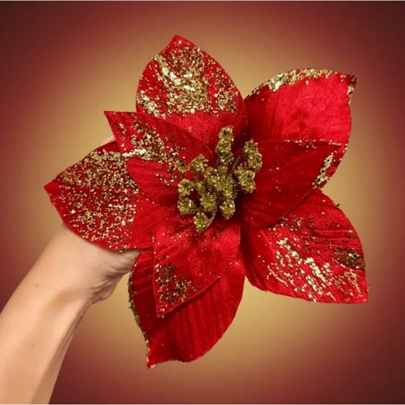 Flor Natalina Poinsetia Veludo Vermelho Com Dourado