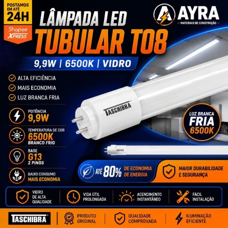 Lâmpada Led Tubular T8 9,9W 6500K Branca Fria Vidro Taschibra 60cm