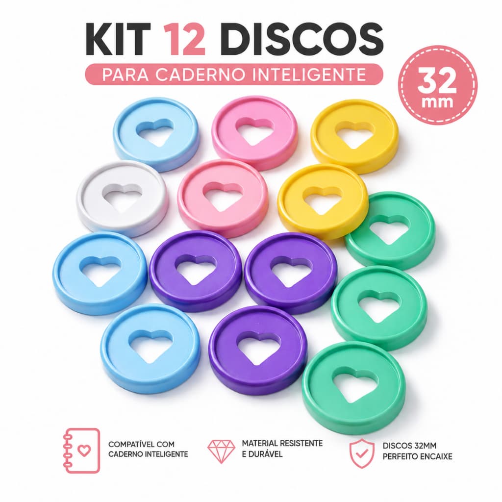 Kit com 12 Discos Coloridos para Caderno Inteligente – 32mm