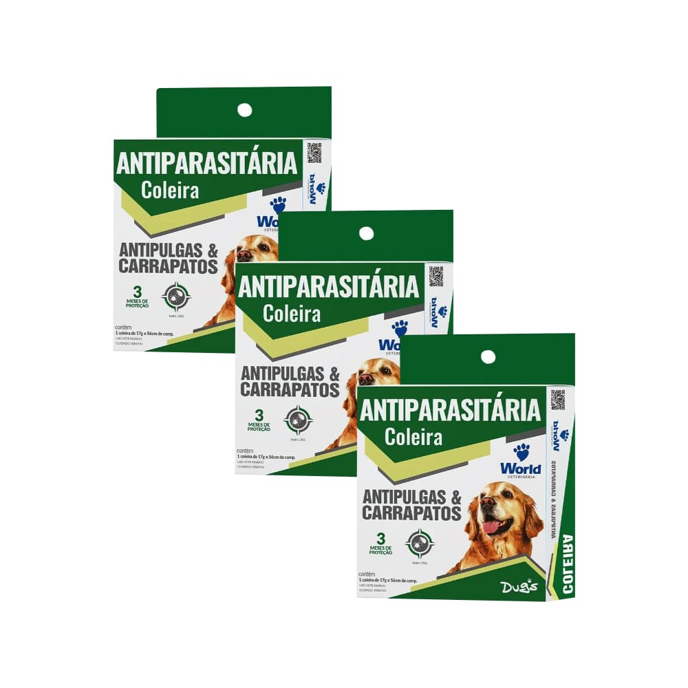 Kit 3 Coleira Dugs Antipulgas e Carrapatos 56cm 3 Meses de Proteção Cães World