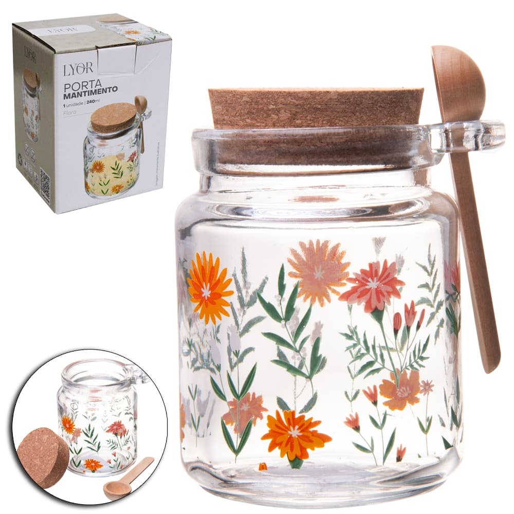 ACUCAREIRO / PORTA CONDIMENTO DE VIDRO REDONDO COM ALCA + COLHER DE BAMBU E TAMPA CORTICA FLORA 240ML