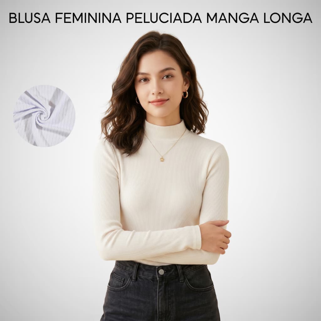 Blusa Peluciada Gola Alta Manga Longa Canelada Feminina Frio Elegante