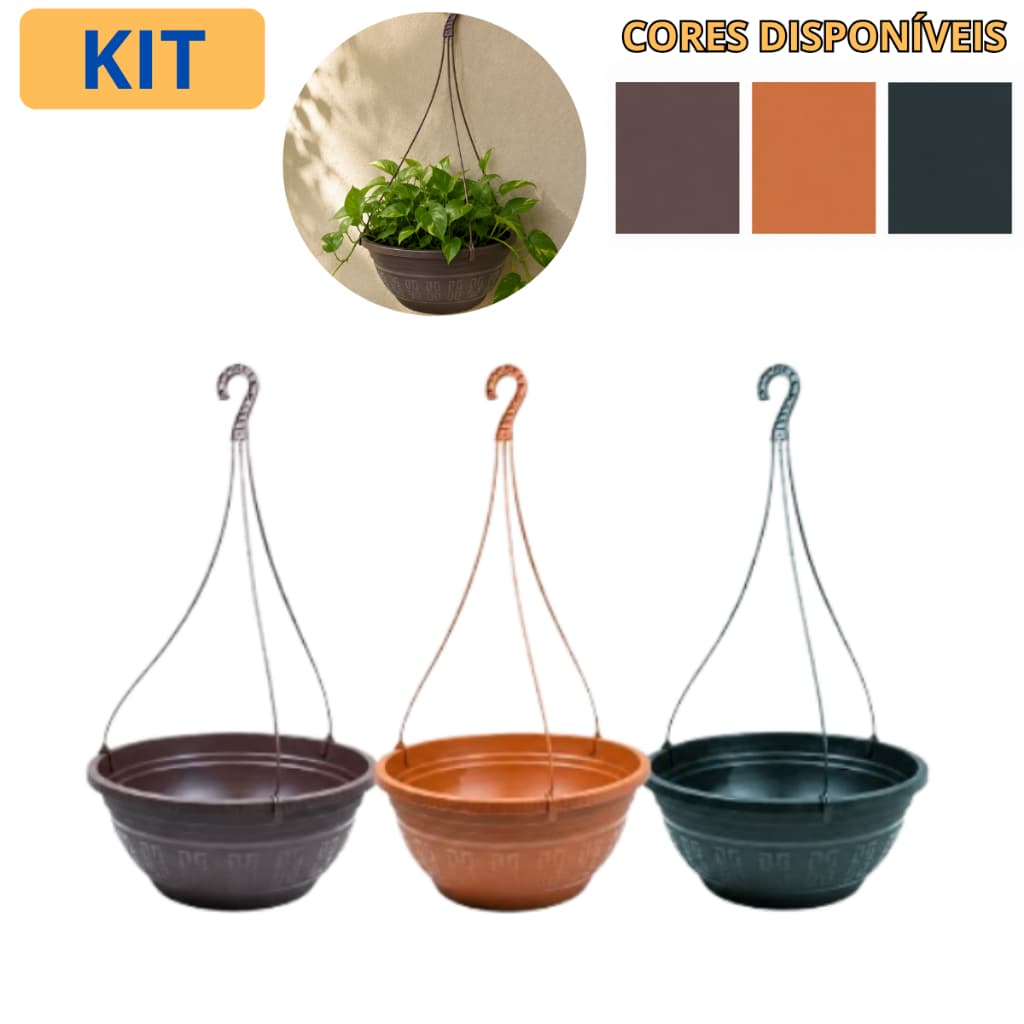 Kit Vaso Redondo Pendente 3 Litros Alça 50cm Pendurar Jardim Flores Decoração Planta Varanda