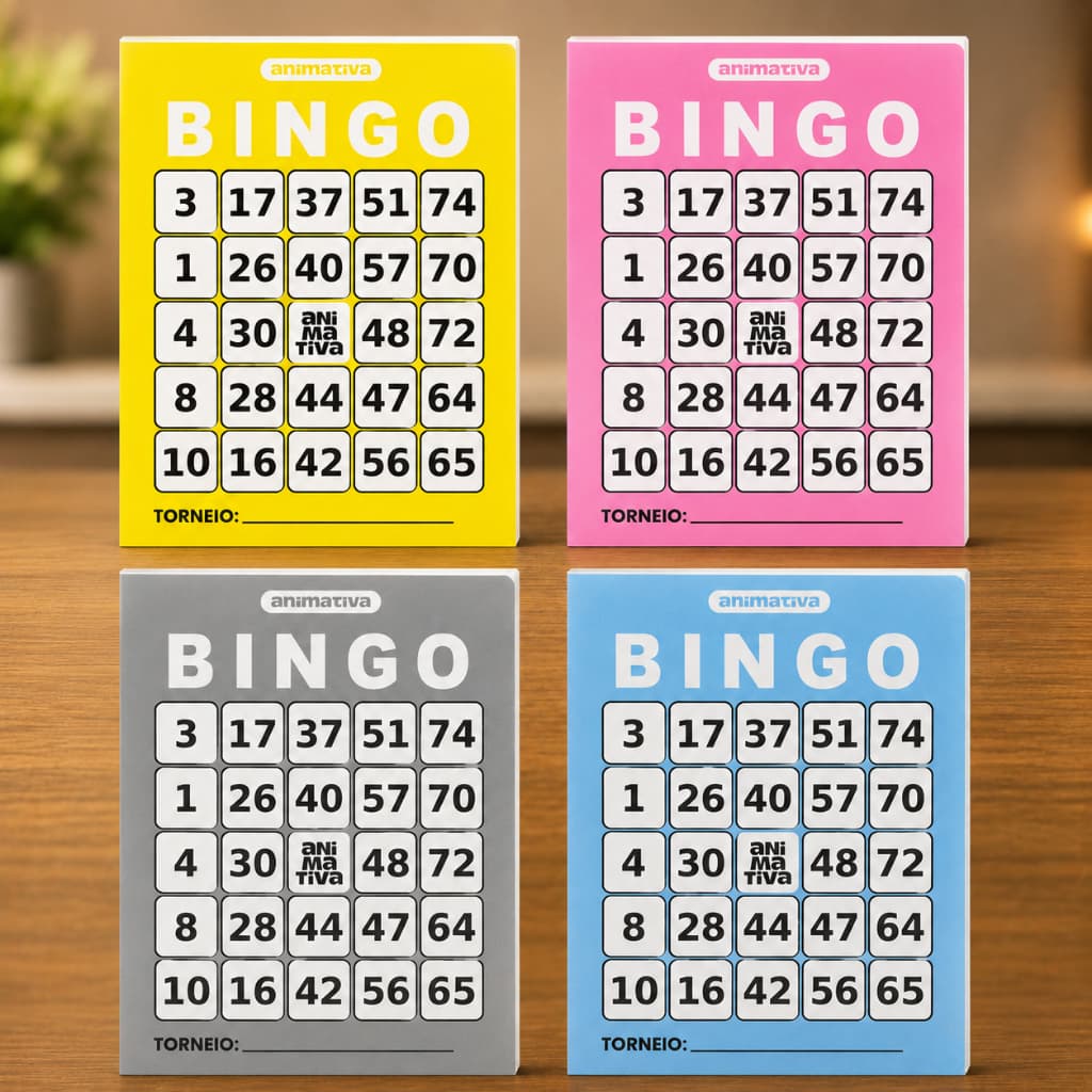 Cartela Bingo 96 Folhas Animativa Colorida Amarela Rosa Azul Cinza Jogo Festa Evento Escola