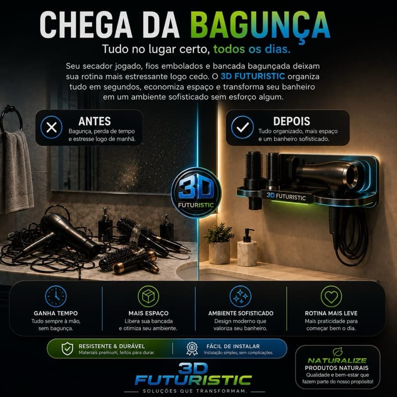 Suporte Para Secador Chapinha e Babyliss De Parede Resistente Com Ganchos Organizador 5 Em 1 Resistente Com Parafusos