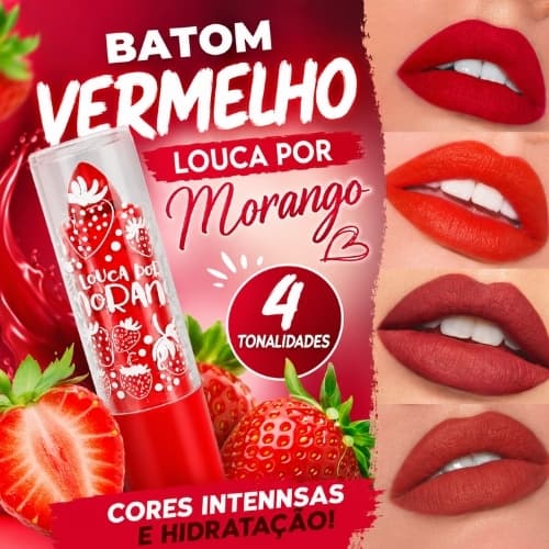 Super Poderes Batom Louca por Morango Vermelho 4 Tonalidades 3,5g Cada