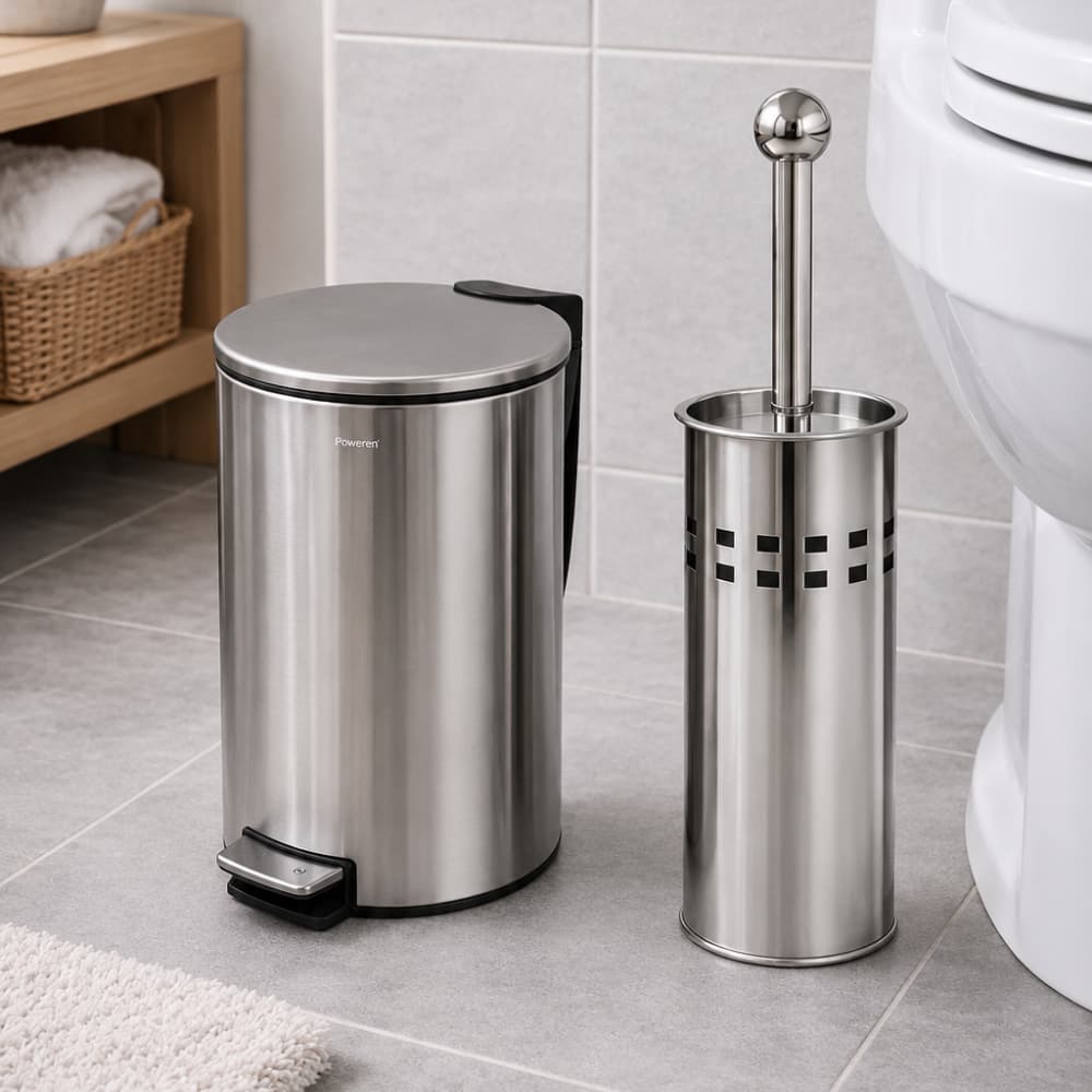 Kit Lixeira Slim Inox com Pedal e Escova Sanitária Com Suporte Banheiro Organizado Escritório Quarto