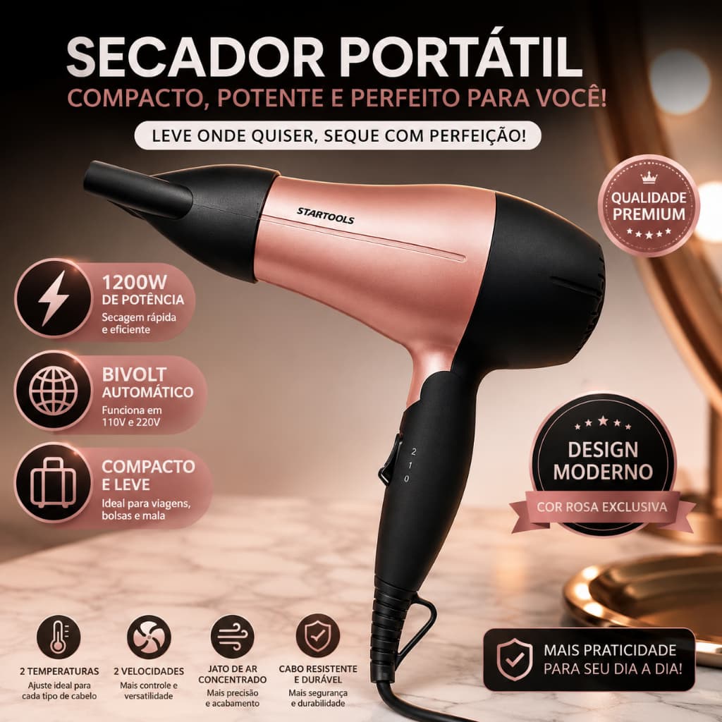 Secador Cabelo Portatil Compacto 1200w Bivolt Potente Leve Viagem Rosa