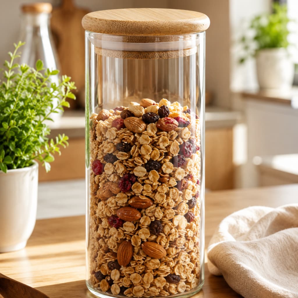 Porta Mantimento de Vidro Borossilicato com Tampa de Bambu 1L