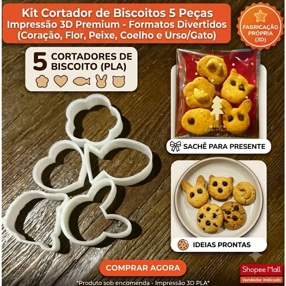 Kit Cortador de Biscoitos 5 Peças Impressão 3D Premium - Formatos Divertidos (Coração, Flor, Peixe, Coelho e Urso/Gato)