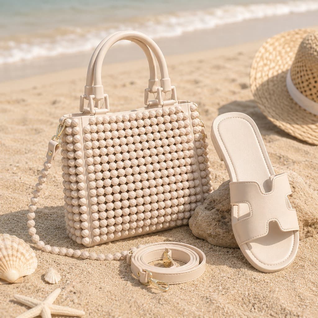 Kit Praia Feminino Bolsa PVC Tela + Chinelo Rasteira Slide | Conjunto Verão Confortável Leve