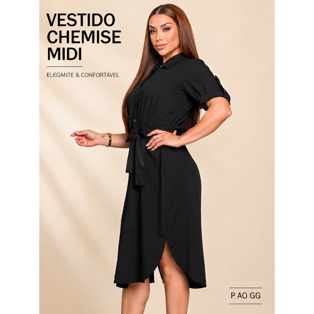 Vestido Chemise Midi Feminino Elegante Com Faixa na Cintura Social Casual do P ao GG