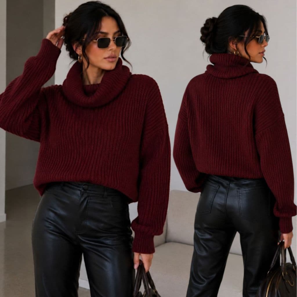 Blusa Tricot com Gola e Mangas Compridas Blusa de Frio Ampla Soltinha Confortável