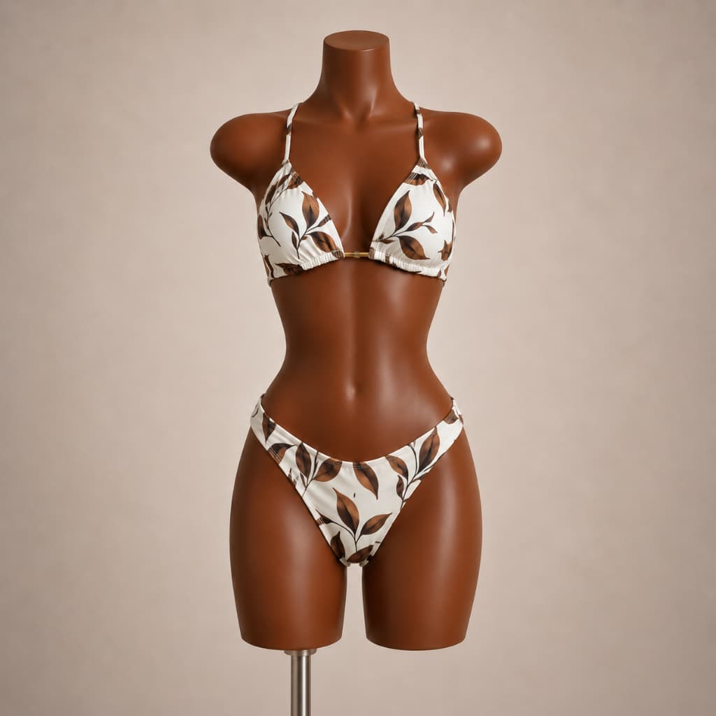 Conjunto Biquíni Cortininha + Shortinho | Look Feminino Praia Verão Estiloso e Colorido Estampa FOLHAS CASTANHAS Trikini