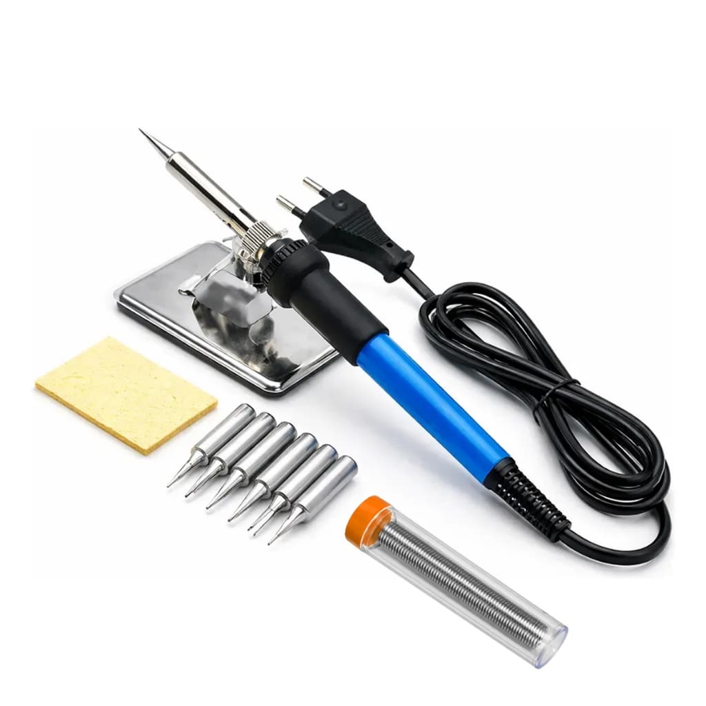 Kit Ferro de Solda 60W Regulável 220V Completo com 5 Pontas Suporte Esponja e Fio de Estanho com Fluxo