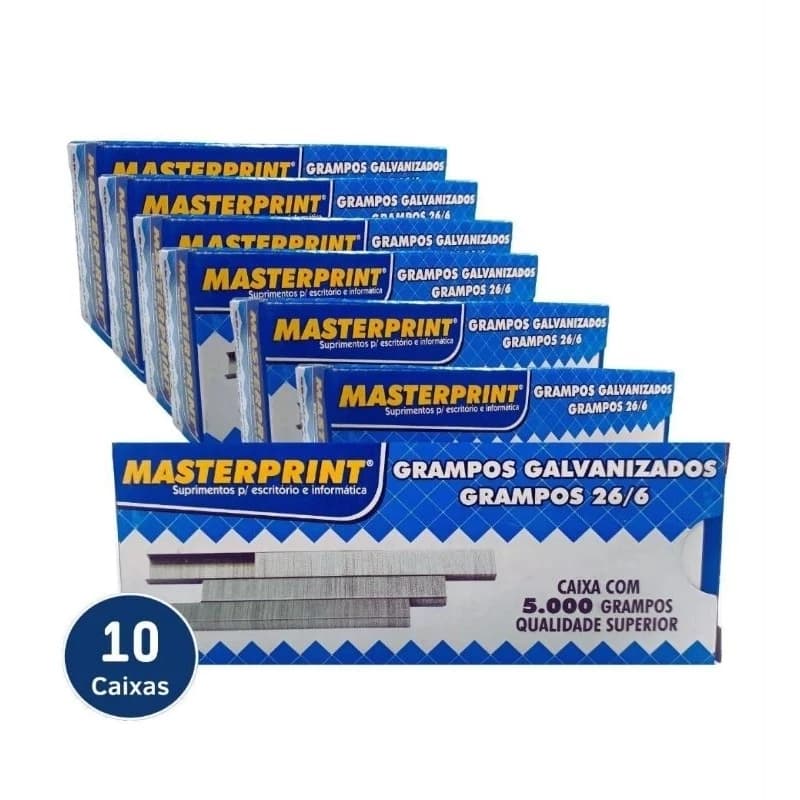KIT 10 CAIXAS GRAMPO 26/6 GALVANIZADO C/ 5000 UNIDADES MASTERPRINT