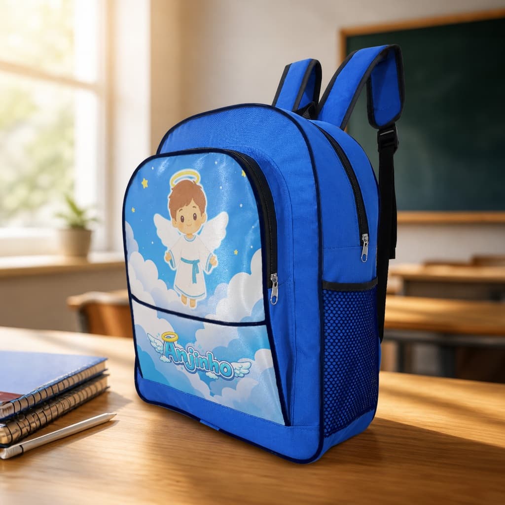 Mochila Escolar Infantil Menino Anjinho Nuvens Fofo Grande com Bolso Lateral e Alças Ajustáveis