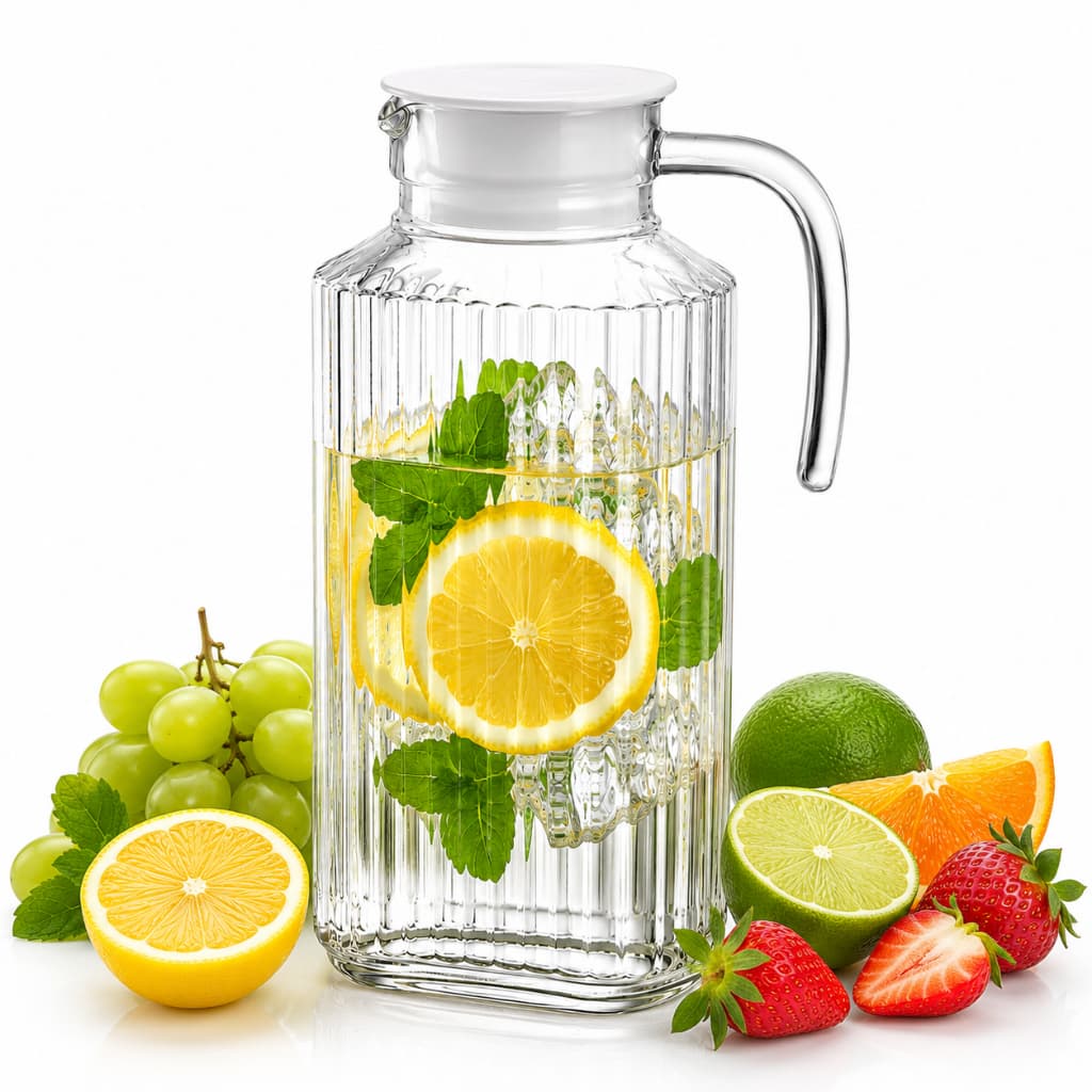 Jarra De Vidro Canelada Sucos, Água e Refrigerantes 1,8 L Com Tampa Branca
