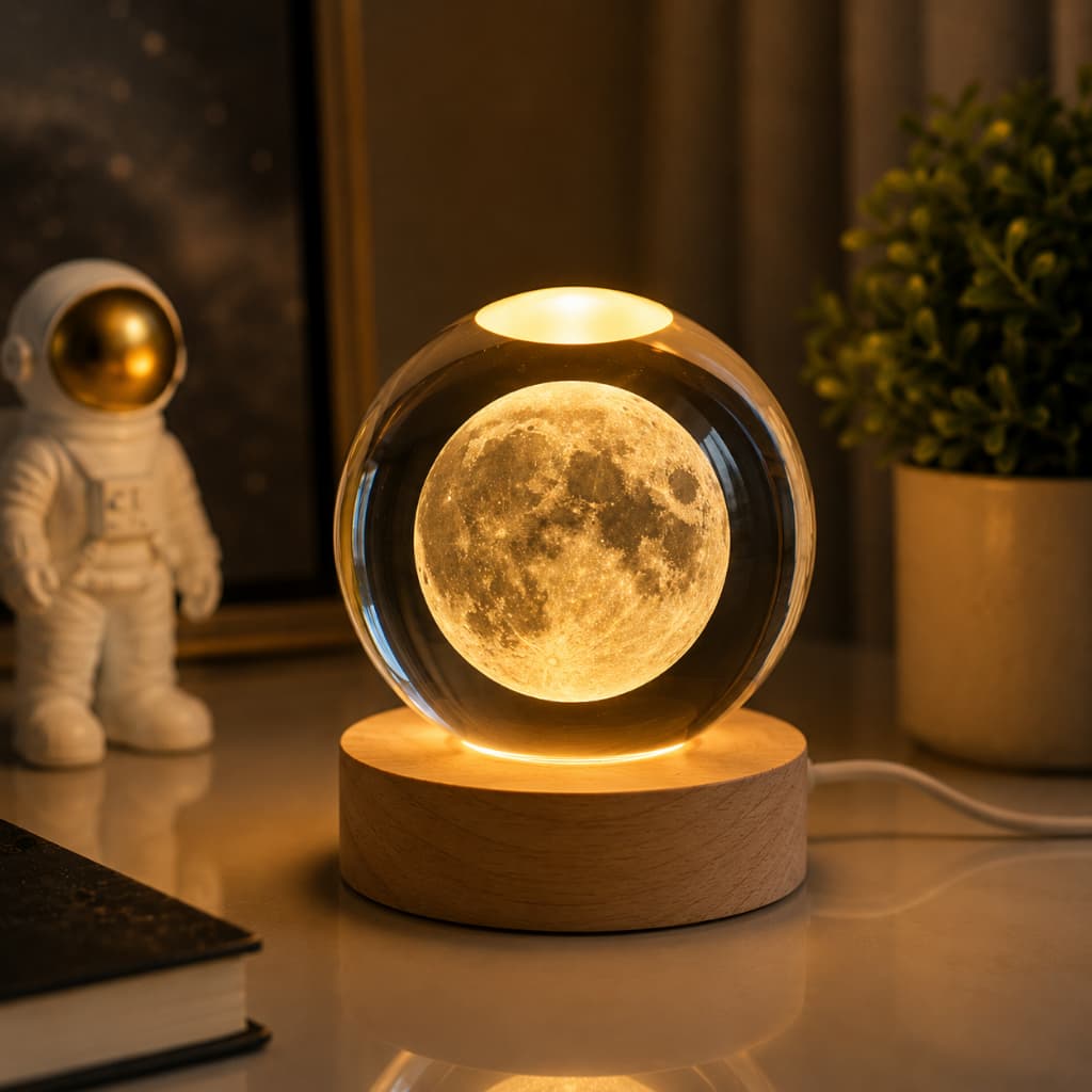 Luminária Decorativa Bola de Cristal LED  Lua 3D Galáxia para Quarto Mesa  Presente