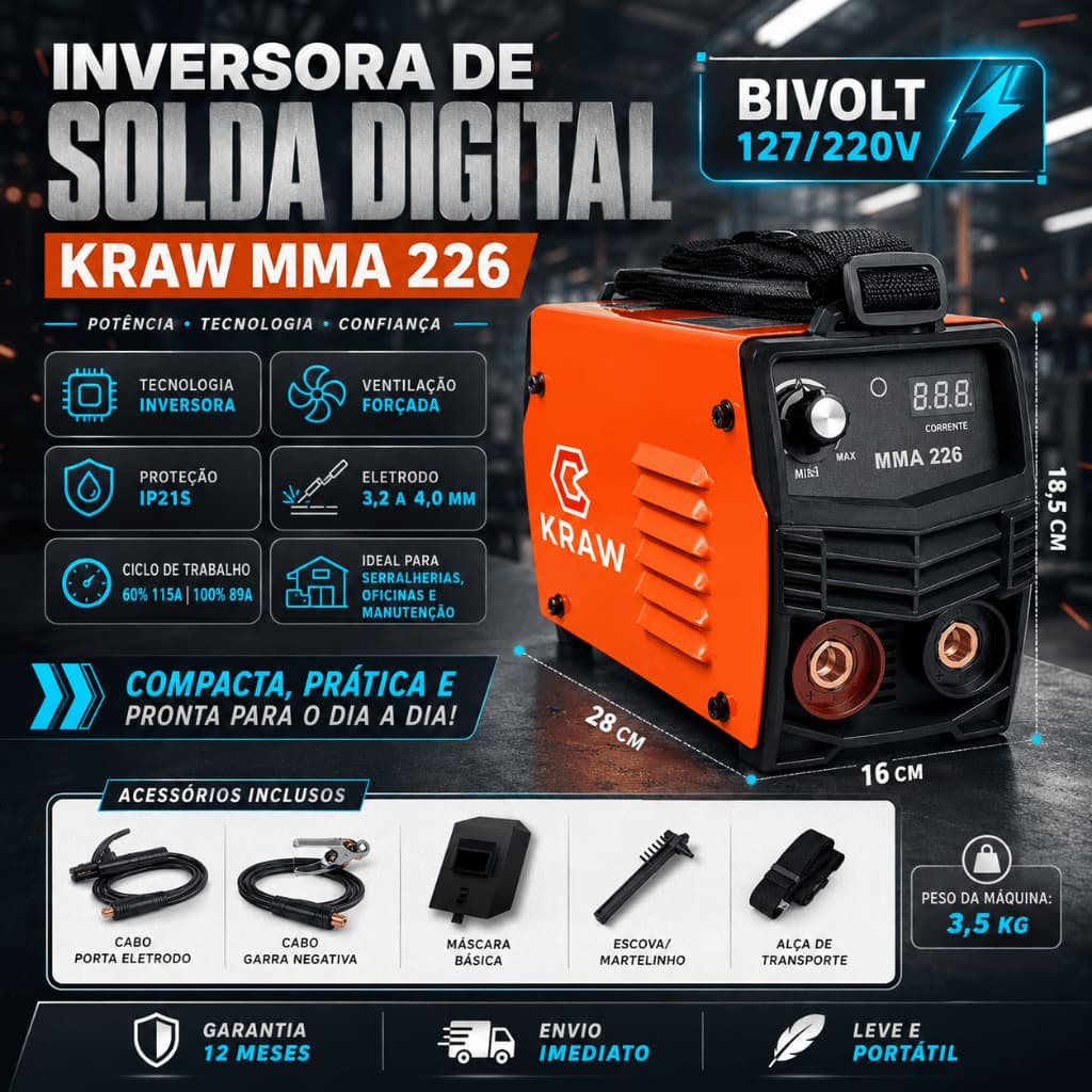 Inversora de Solda Digital Mma 226 Bivolt 110/220v