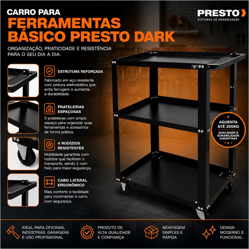 Carrinho de Ferramentas Carrinho 3 Prateleiras Reforçado Carrinho Auxiliar Ferragens Presto Dark