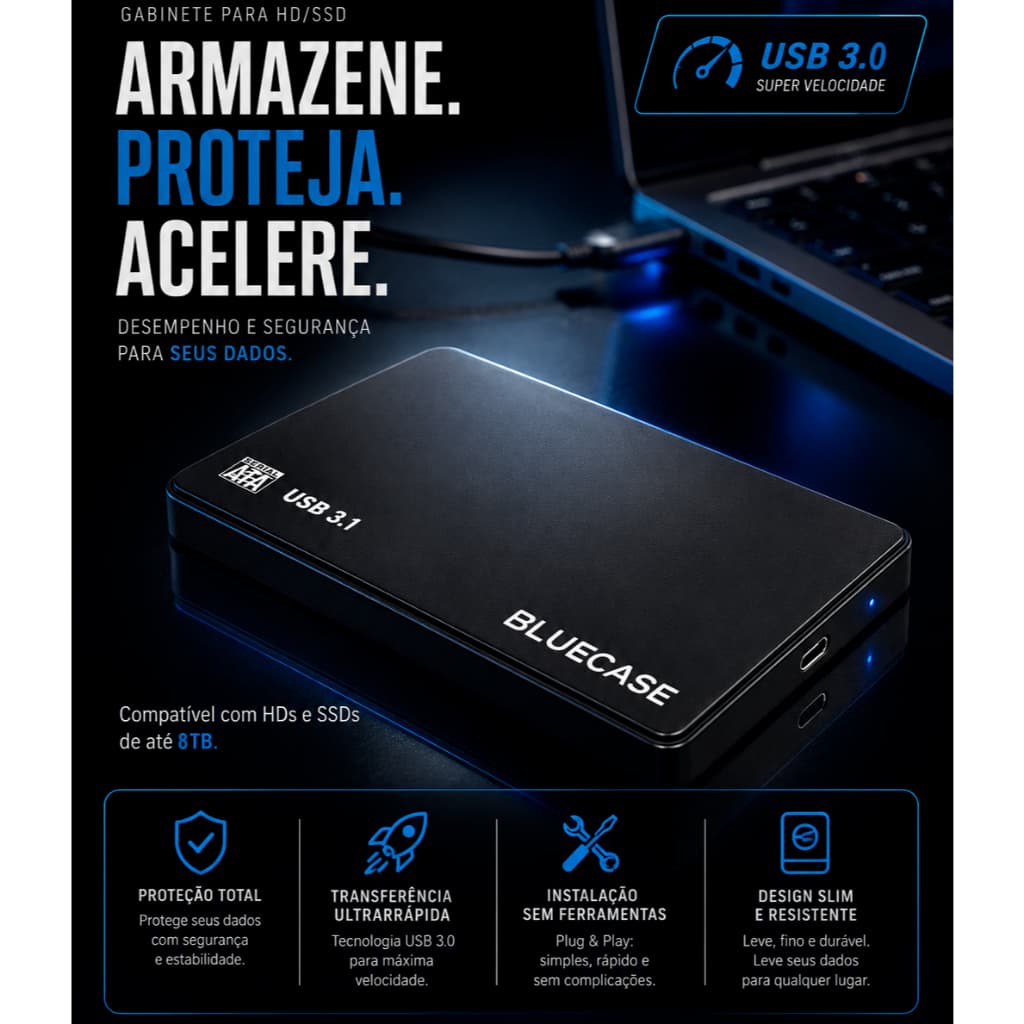 CASE 3.0 PARA HD/SSD 2,5" SATA USB BCPU3-01 - BLUECASE