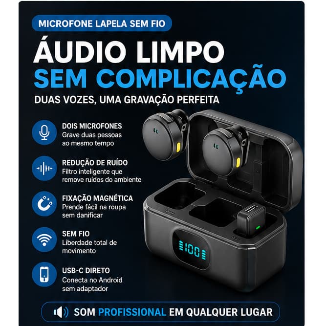 Microfone Lapela Sem Fio Duplo Tipo C com Adaptador Lightning - Anti Ruído Magnético p/ Celular