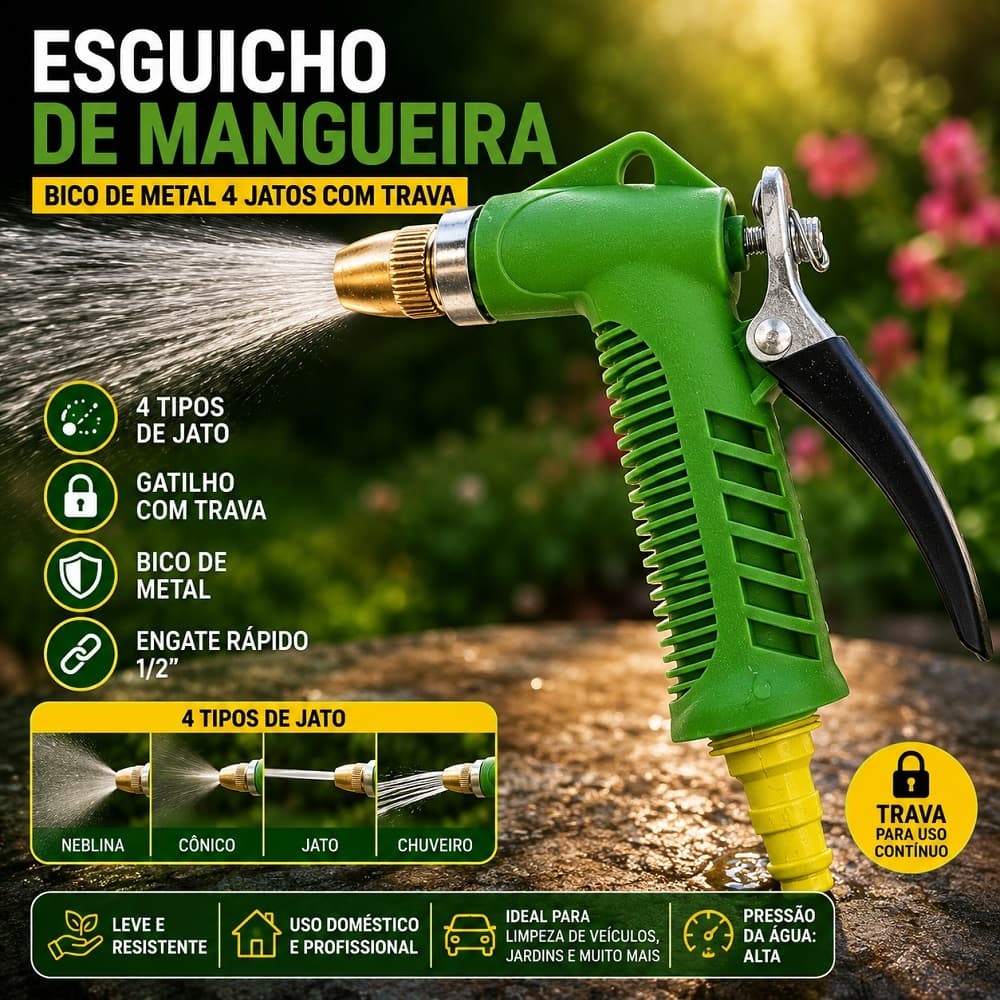 Esguicho de Mangueira Bico de Metal 4 Jatos Com Trava Mangueira