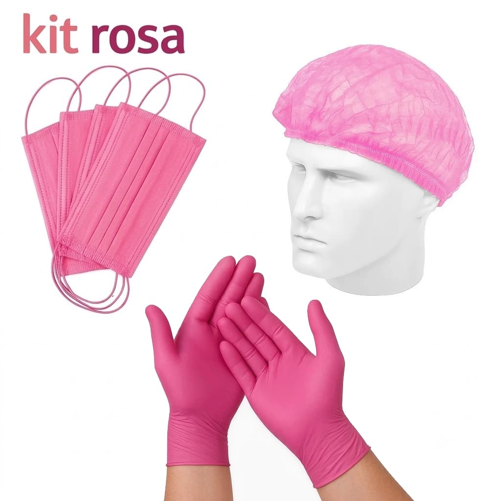 Kit 100 Touca+ 100 Luva Nitrílica+ 50 Máscara Descartável rosa  tnt Tripla Camada Com Clipe Nasal