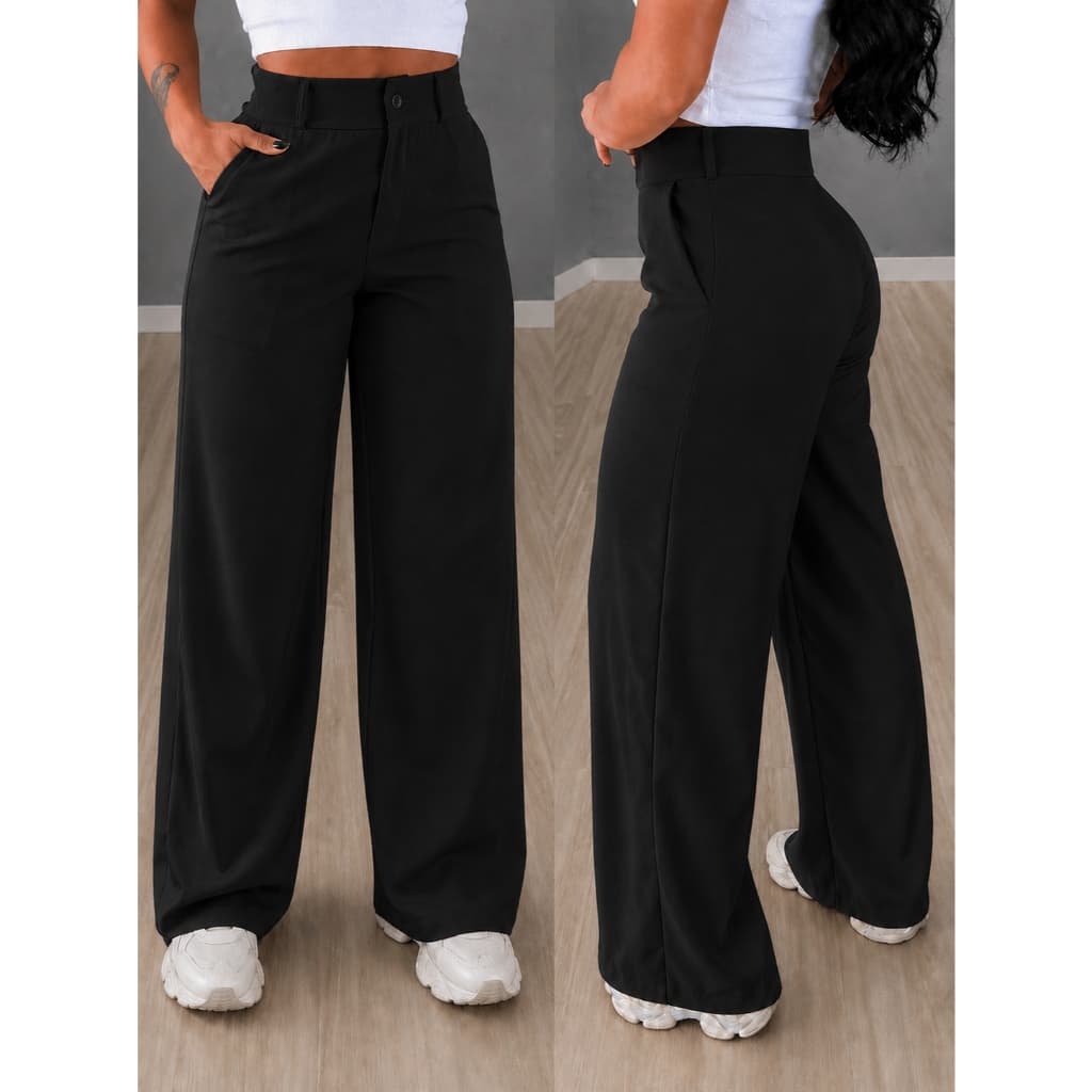 Calça Pantalona Feminina Alfaiataria Crepe Cintura Alta Com Bolso