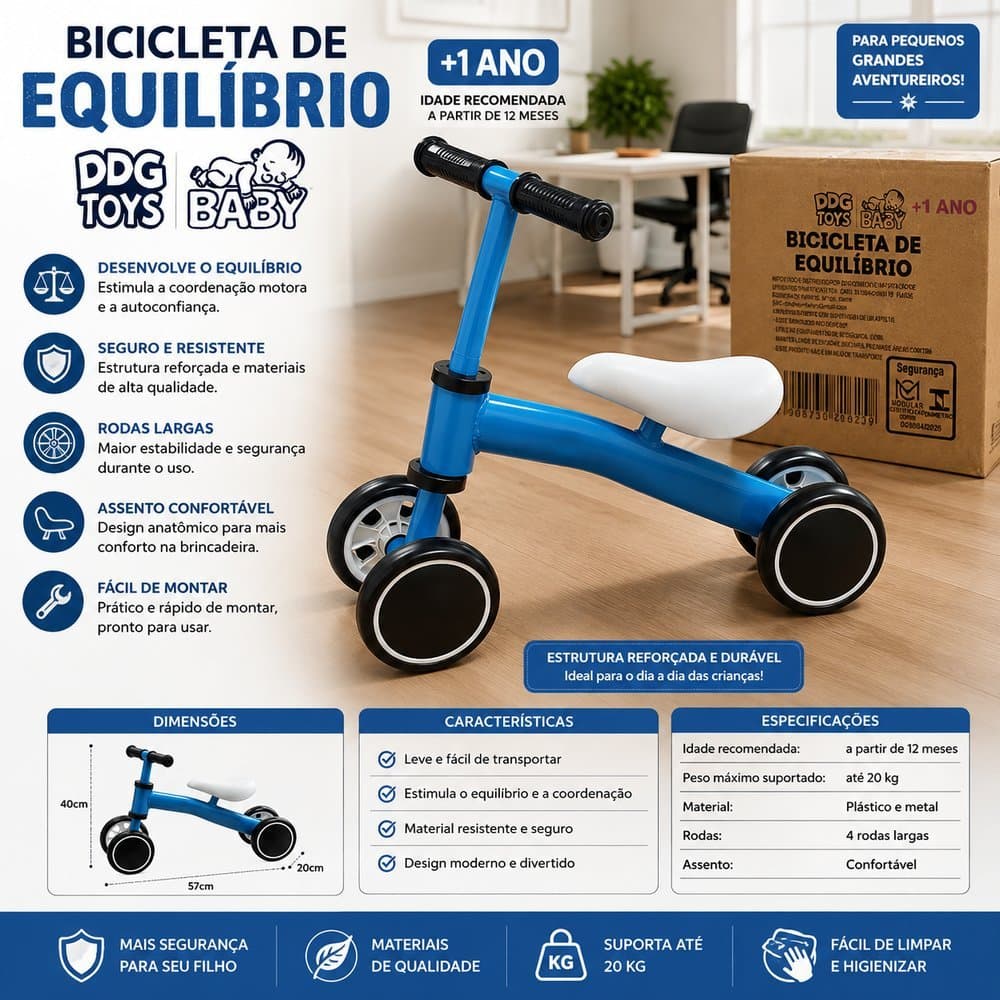 Bike Balance Infantil Azul Ensina Equilibrio Estimula Motoridade Segura Duravel
