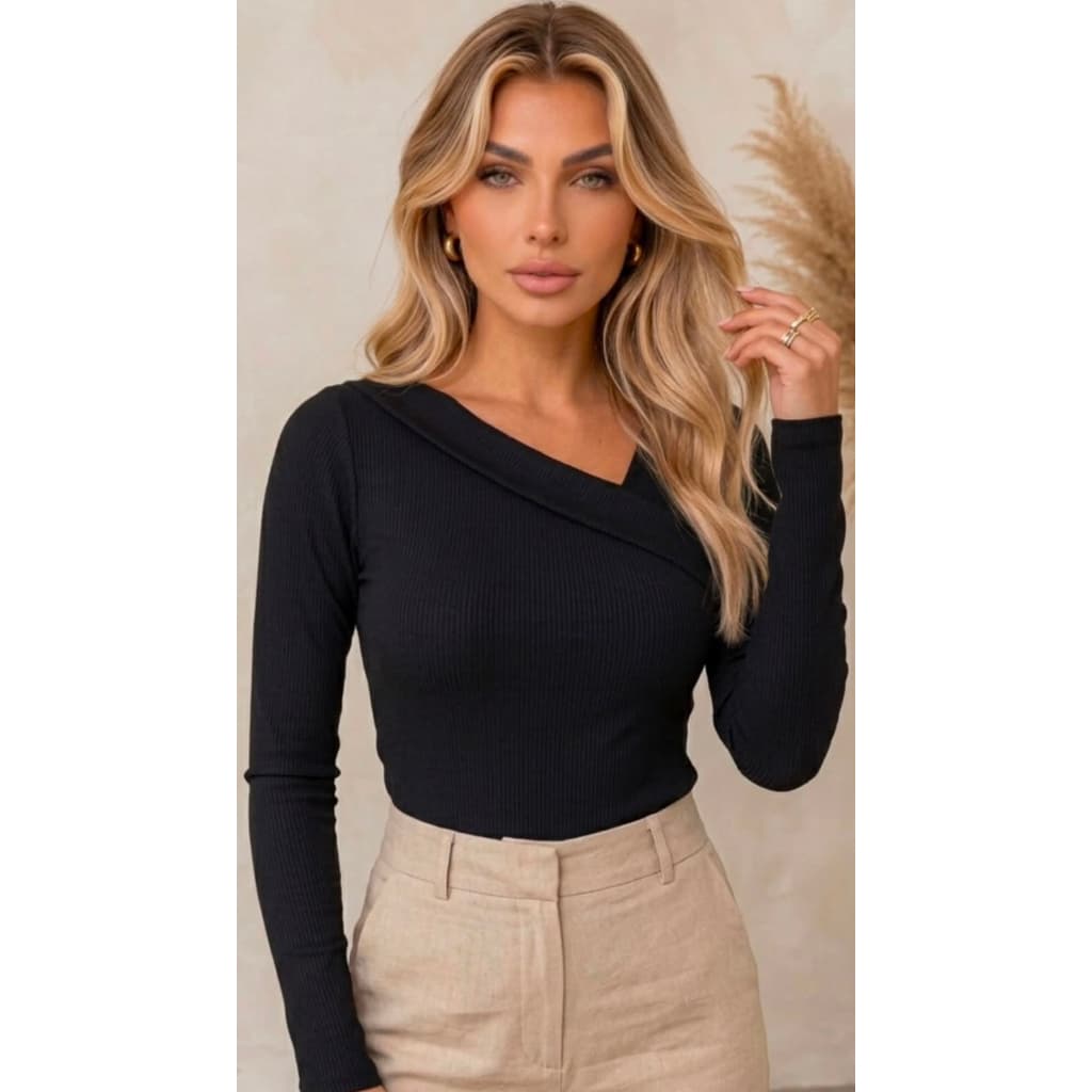Blusa Feminina Manga Longa Meia Estação Inverno Casual Assimétrica Confortável Modelo Elegante Em Ribana Canelada