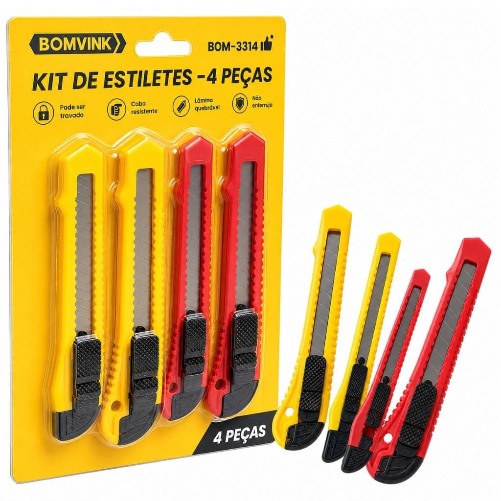 Kit 4 Estiletes Profissionais Estilete Largo Atacado Para Artesanato Escritório Escolar Lâmina Aço Carbono